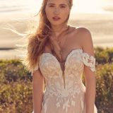 Rebecca-Ingram-Boho-Wedding-Dress-Hattie-Lane Boho Aline wedding dress with plunging neckline and modern lace appliqué with sparkle tulle